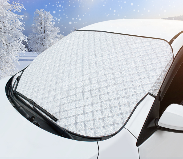 雪の中でフロントガラスにカバーをかけた車